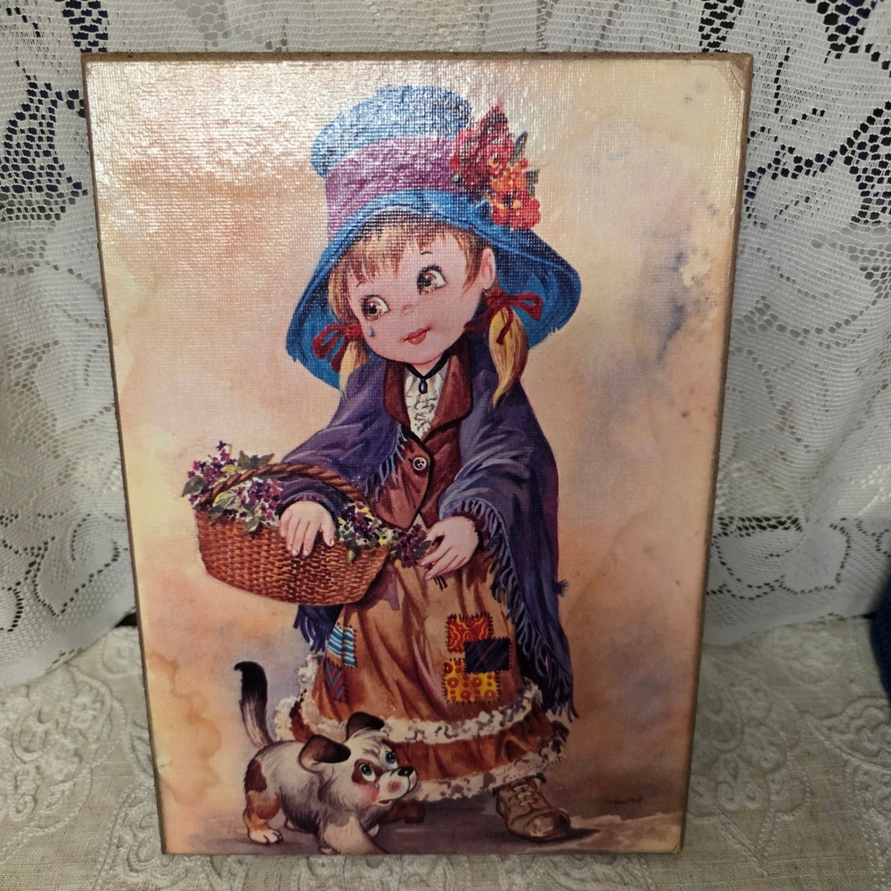 Vintage Massimo Wood Plaque Art 11x8 Brown Sad Girl Dog Italy Kitsch Decor
